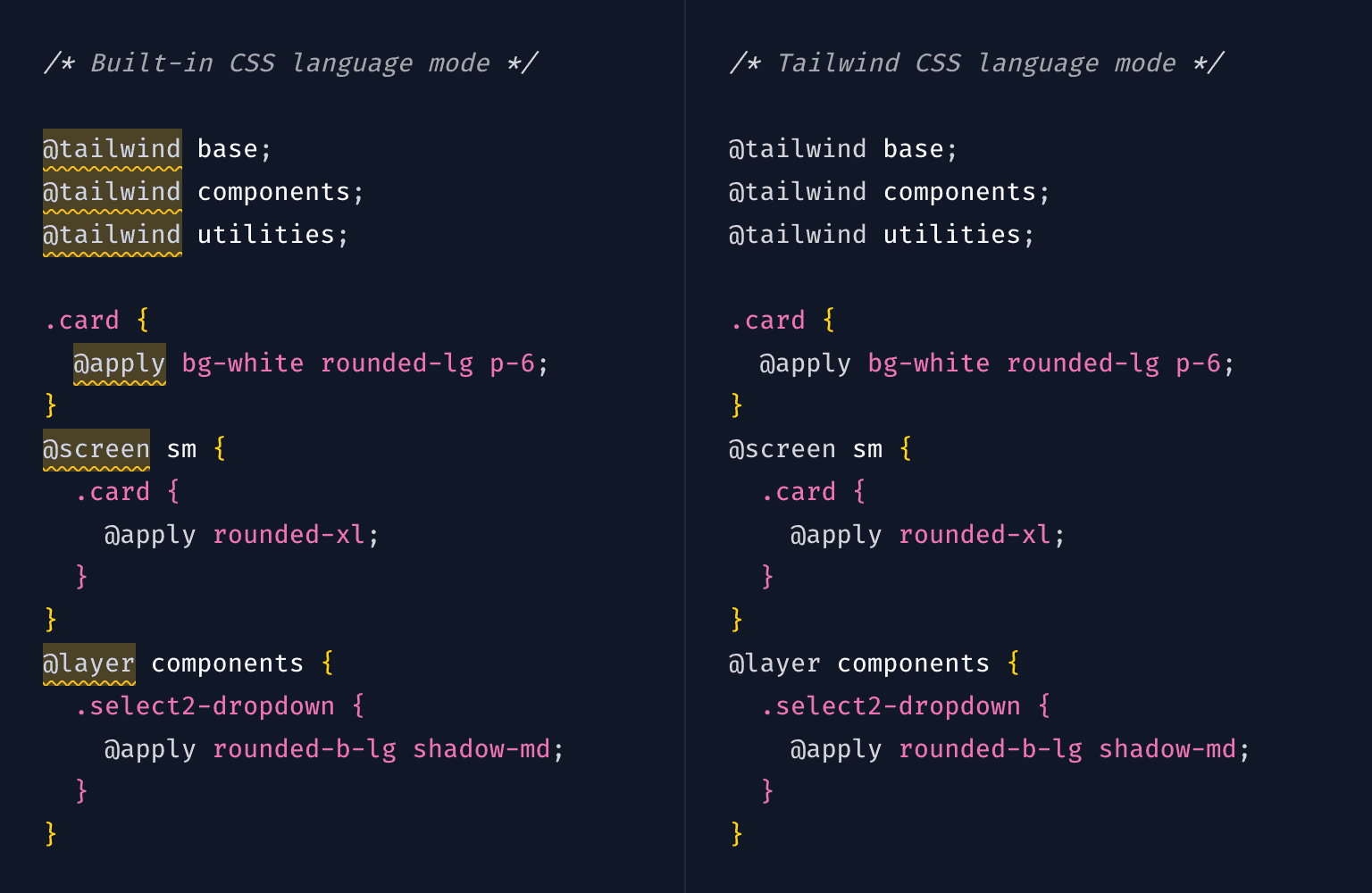 Sample CSS code shown with lint warnings when using a built-in CSS language mode, and no lint warnings when using the Tailwind CSS language mode.